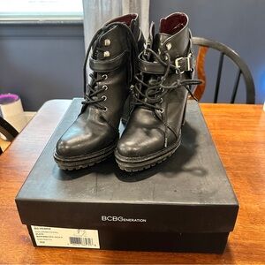 BCBG Black Leather Combat Heels Trendy